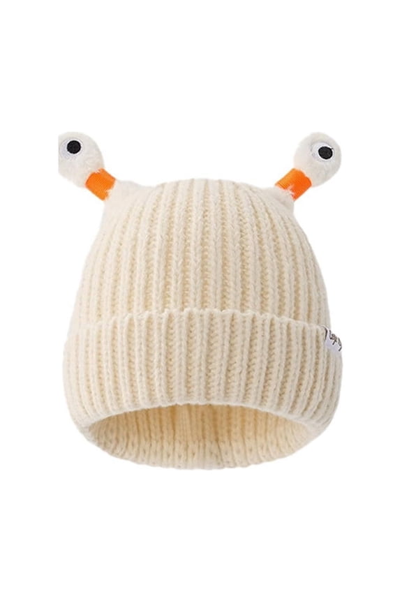 Womens Beanie with Little Design Funny Hat Knitted Cuffed Fashion Striped Cute Windproof Coldproof Warm Winter Skull Cap Beige