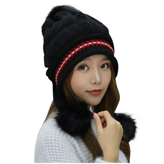 Xfvqtps Womens Beanie with Plush Pompom Tassels Knitted Winter Printing Thickened Stretch Windproof Coldproof Outdoor Warm Winter Hat Black