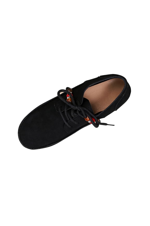 Womens Bohemian Lace up Flats Soft Suede Beaded Detail Casual Shoes Comfortable Flat Sole Black