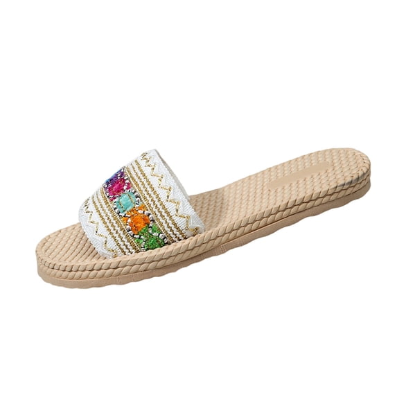 Xfvqtps Womens Boho Flat Sandals Slip on Open Toe Woven Ethnic Style Comfortable Casual Beach Summer Shoes