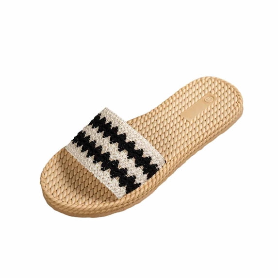 Xfvqtps Womens Boho Slide Sandals Flat Knit Casual Open Toe Rattan Sole Sandals Indoor Outdoor Summer Slides
