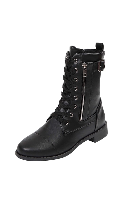 Womens Boots Mid Calf Side Zipper Lace up Pointy Toe Low Heel Leather Casual Commute Boots Black