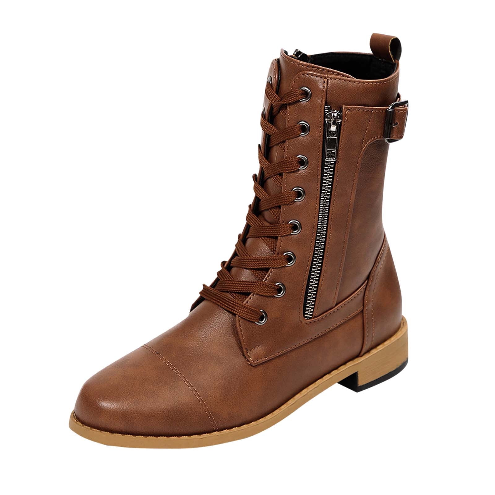 Xfvqtps Womens Boots Mid Calf Side Zipper Lace up Pointy Toe Low