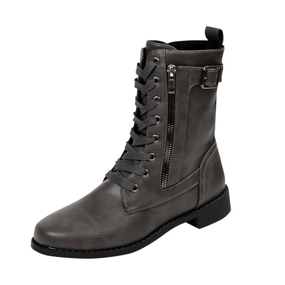 Xfvqtps Womens Boots Mid Calf Side Zipper Lace up Pointy Toe Low Heel Leather Casual Commute Boots Gray