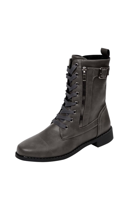Womens Boots Mid Calf Side Zipper Lace up Pointy Toe Low Heel Leather Casual Commute Boots Gray