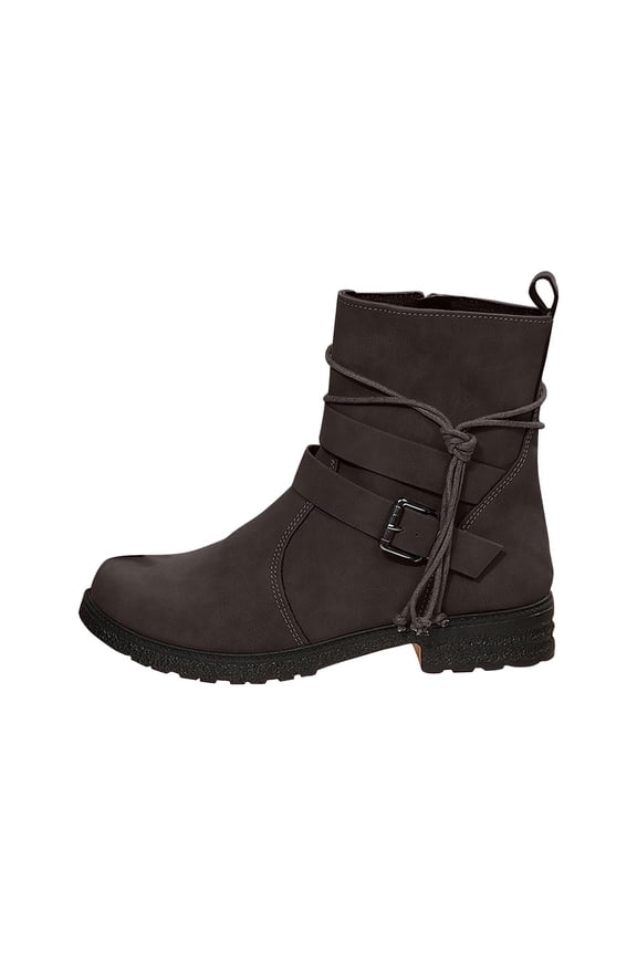 Womens Boots Mid Calf Side Zipper Low Heel Lace up Buckle Strap Round Toe Casual Commute Boots Coffee