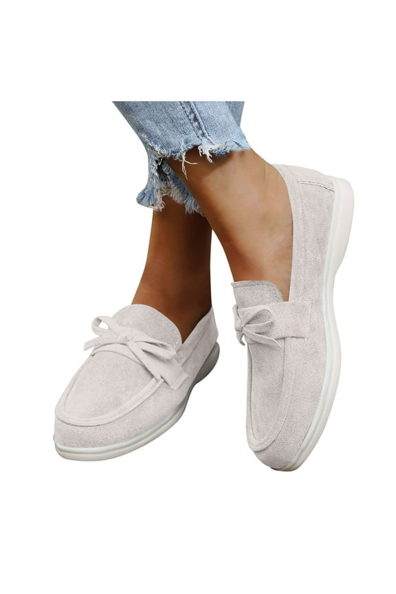 Womens Bow Detail Loafers Comfortable Slip on Flat Shoes for Women Lightweight Breathable Moccasins with Cushioned Insole Casual Fall Shoes White