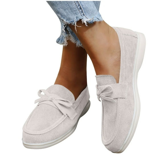 Xfvqtps Womens Bow Detail Loafers Comfortable Slip on Flat Shoes for Women Lightweight Breathable Moccasins with Cushioned Insole Casual Fall Shoes White
