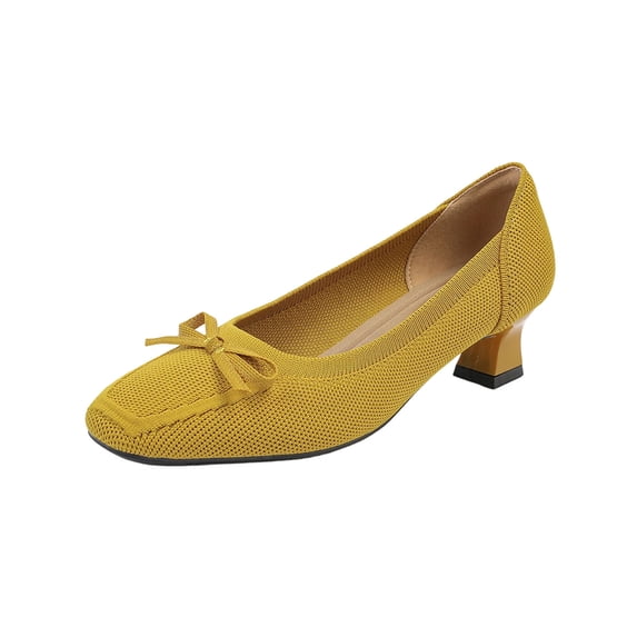 Xfvqtps Womens Bow Heels Knit Fabric Pumps Block Heel Slip Ons Casual Pointed Toe Shoes Decorative Bow Heels for Women Comfortable & Stylish Everyday Heels