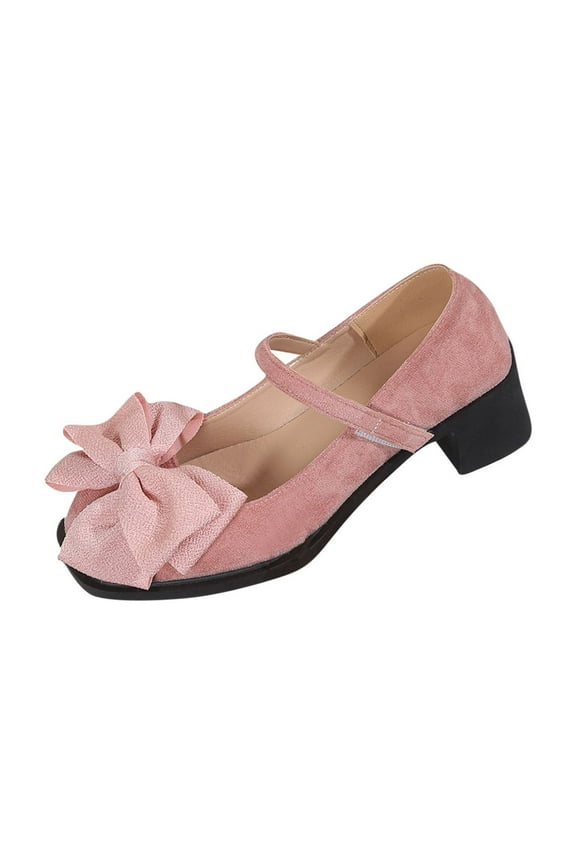 Womens Bowknot Mary Jane Block Heel Round Pumps Suede Closed Square Toe Dress Shoes Pink