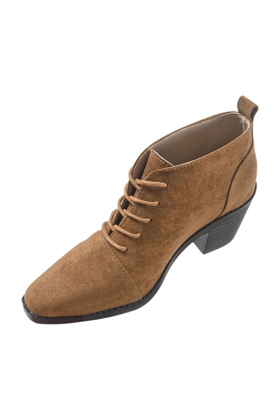 Womens British Style Ankle Boots Lace Up Pointed Toe Faux Suede Booties Chunky Heel Shoes Casual Boots Comfortable Flat Heel Boots