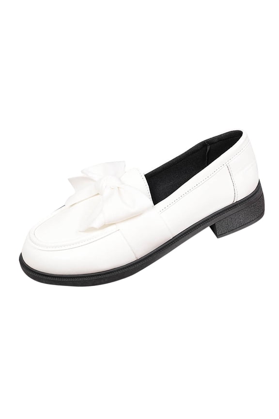 Womens British Style Bow Leather Loafers Round Toe Flat Sole Comfortable Plus Size Casual Shoes for Fall Winter White