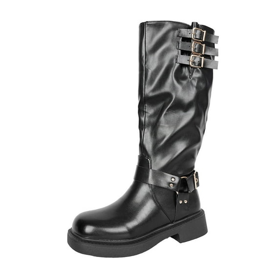 Xfvqtps Womens British Style Knee High Boots with Buckle Detail Chunky Low Heel Side Zipper Riding Boots Faux Leather Fashion Boots Black