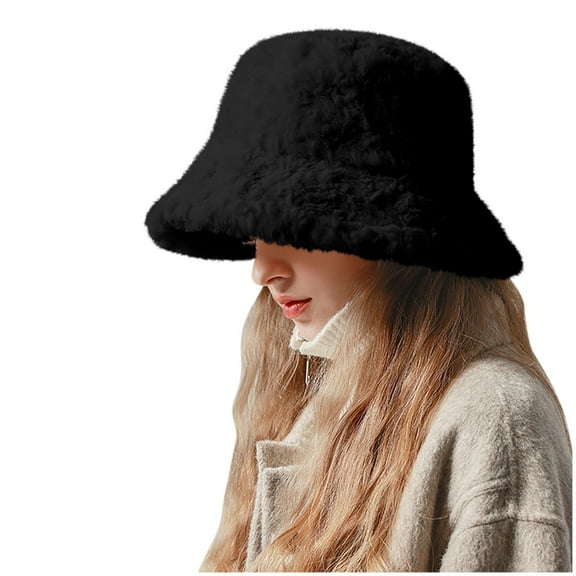 Xfvqtps Womens Bucket Hat Fluffy Plush Faux Fur Fuzzy Knit Solid Color Thick Coldproof Warm Outdoor Fall Winter Fishing Hat Black
