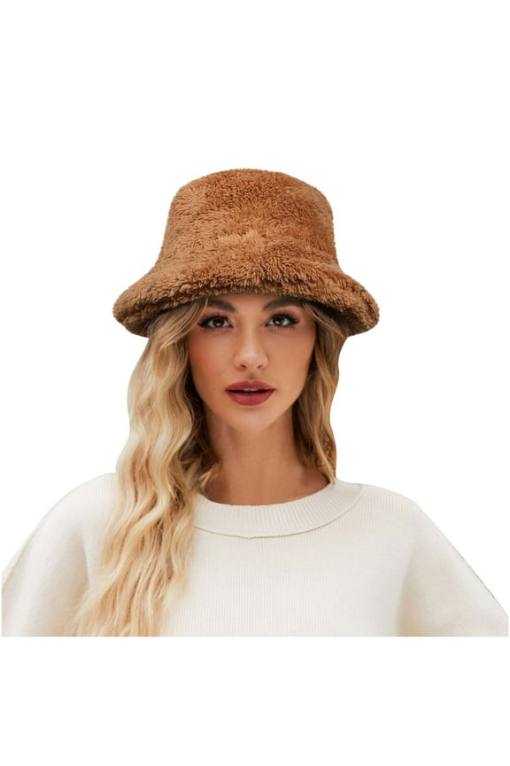 Womens Bucket Hat Fluffy Plush Faux Fur Fuzzy Solid Color Simplicity Thick Coldproof Warm Outdoor Fall Winter Fishing Hat Brown