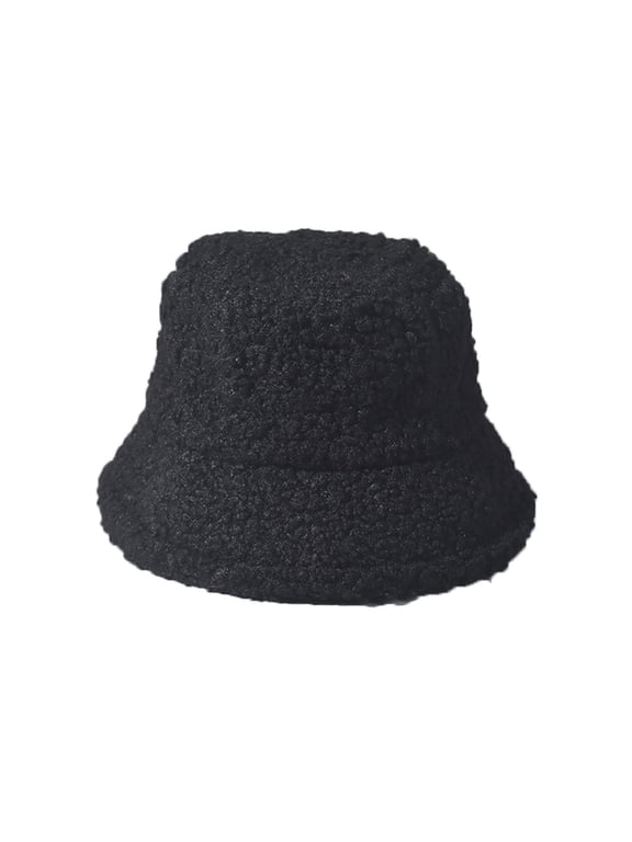 Womens Bucket Hat Lamb Wool Solid Color Simplicity Fashion Thickened Windproof Coldproof Warm Winter Fishing Hat Black