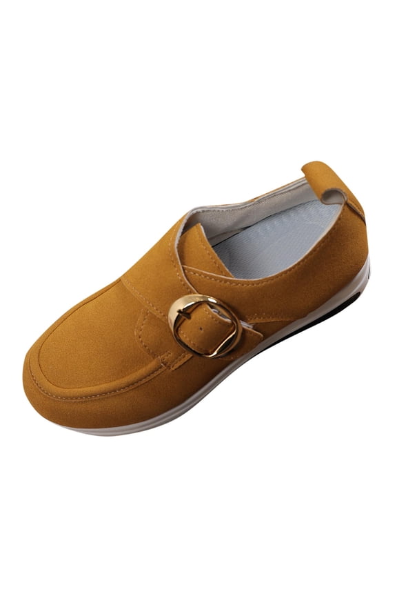 Womens Buckle Accent Flat Shoes Thick Sole Height Boost Comfortable Casual Slip on Versatile Everyday Footwear Fall Winter Yellow