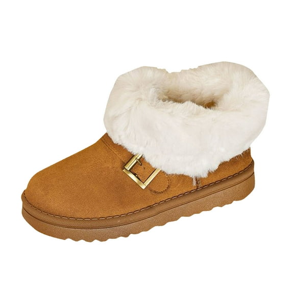 Xfvqtps Womens Buckle Detail Snow Boots Faux Fur Casual Round Toe Thick Sole Winter Shoes Warm Comfortable Ankle Boots Fashion Brown