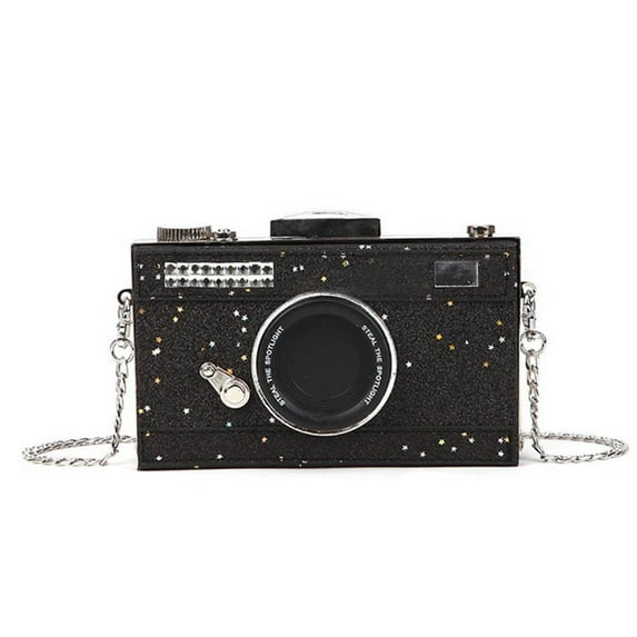 Xfvqtps Womens Camera Bag Metal Chain Sparkly Glitter Square Small Capacity Fashion Evening Leather Square Inclined Shoulder Bag Black