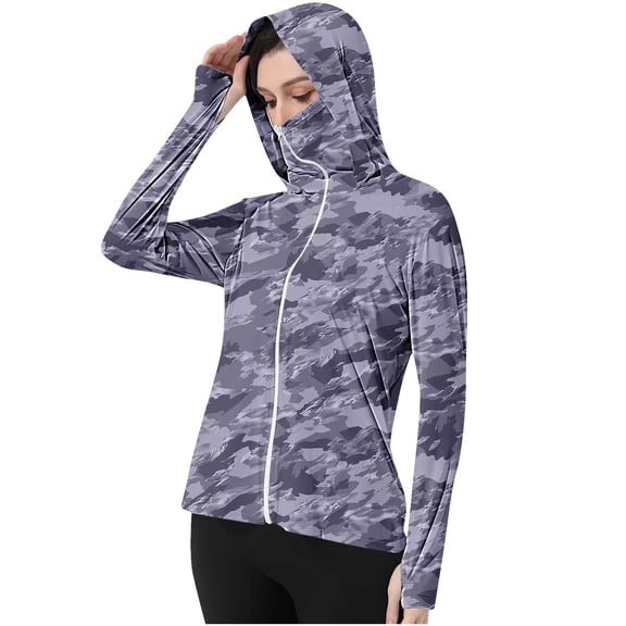 Xfvqtps Womens Camouflage Light Jacket Sun Protection Cooling Ice Silk Hoodie Full Zip Summer Shirts with Thumb Hole for UV Outdoor Hiking Running Purple