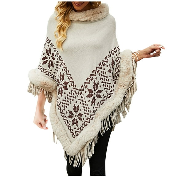 Xfvqtps Womens Cape Faux Fur Collar and Fringed Hem Pullover Snowflake Printing Thickened Comfortable Soft Casual Windproof Coldproof Warm Winter Long Coat White