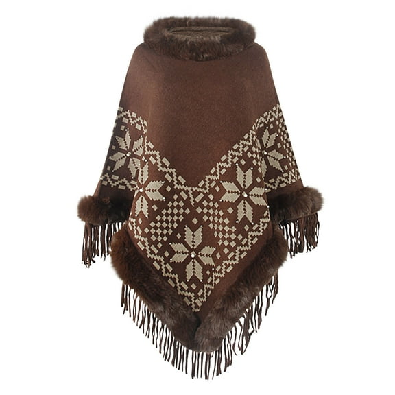 Xfvqtps Womens Cape Faux Fur Collar and Fringed Hem Pullover Snowflake Printing Thickened Comfortable Soft Casual Windproof Coldproof Warm Winter Long Coat Coffee
