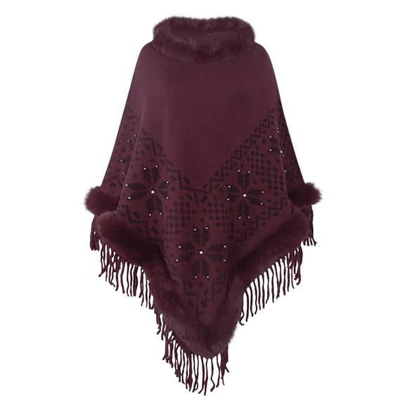 Xfvqtps Womens Cape Faux Fur Collar and Fringed Hem Pullover Snowflake Printing Thickened Comfortable Soft Casual Windproof Coldproof Warm Winter Long Coat Wine