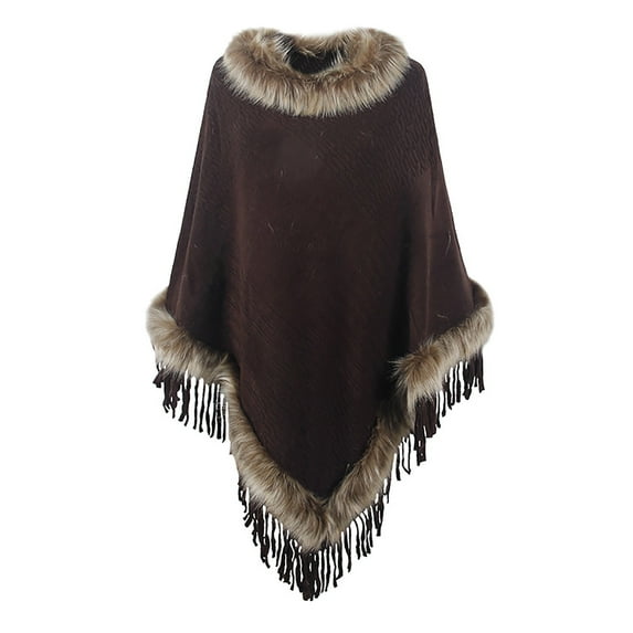 Xfvqtps Womens Cape Faux Fur Collar and Fringed Hem Pullover Solid Color Comfortable Soft Fashion Casual Windproof Coldproof Warm Winter Long Coat Coffee