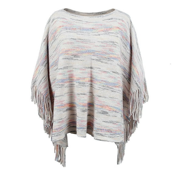 Xfvqtps Womens Cape Pullover Round Neck Fringed Cuff Knitting Mixed Colors Comfortable Soft Sweater Fashion Casual Warm Fall and Winter Top Beige