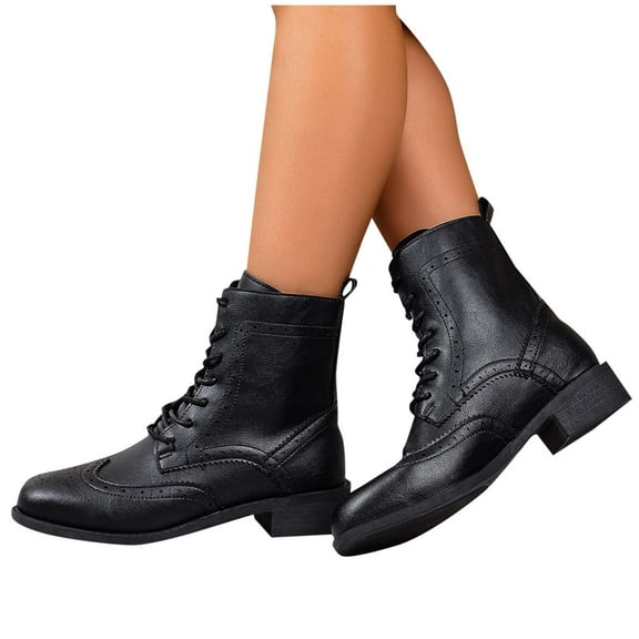 Xfvqtps Womens Casual Boots Fall Winter Leather Ankle Booties Chunky Heel Comfortable Lace up Shoes for Outdoor Versatile Fashion Shoes Black