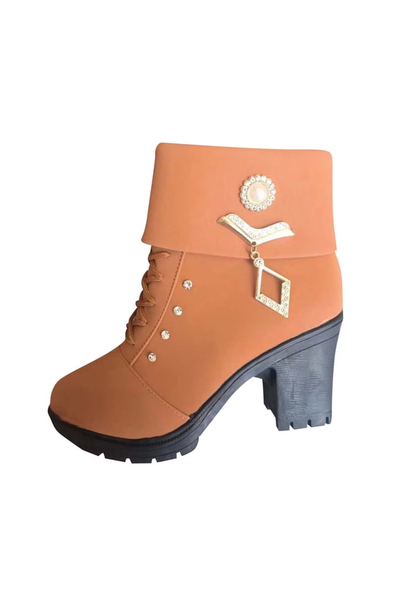 Womens Casual Boots with Chunky Heel Side Zipper Detail Rhinestone Decor Mid Calf Booties for Winter Fashion Streetwear Daily Wear Brown