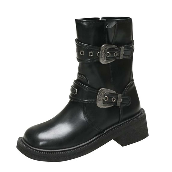 Xfvqtps Womens Casual Martin Style Boots with Buckle Detail Chunky Sole Mid Calf Boots for Fall Winter Fashion Trendy Booties Black