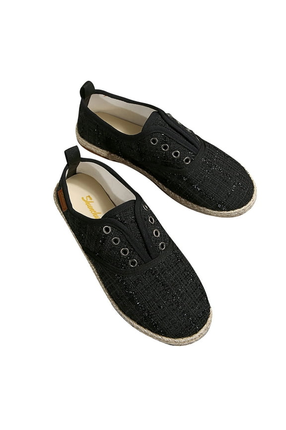 Womens Casual Espadrille Flats Breathable Knit Round Toe Shoes with Comfortable Jute Sole for Outdoor Daily Wear Black