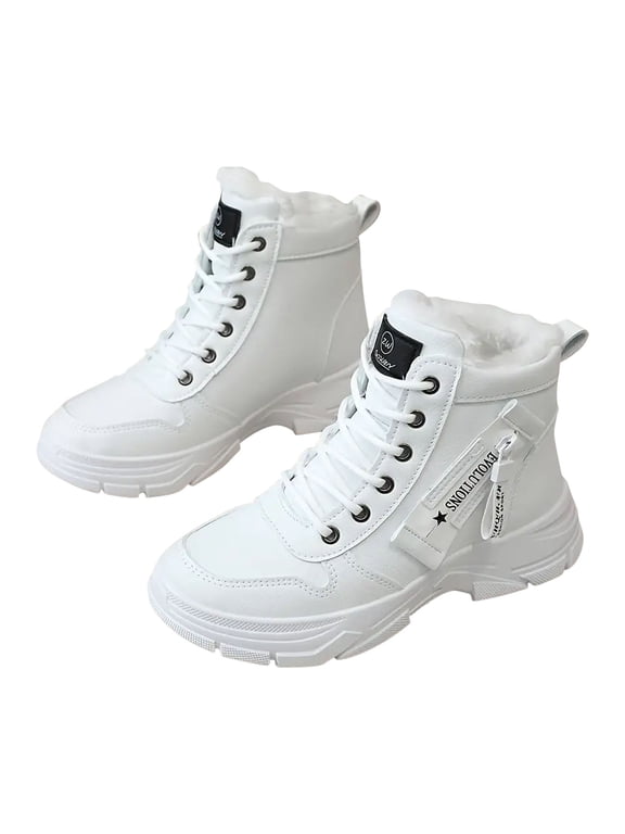 Womens Casual Shoes High Top Lace Up Plush Fleece Line Fashion Waterproof Non Slip Winter Ankle Boots Versatile Warm Snow Velvet Boots Cotton Shoes White