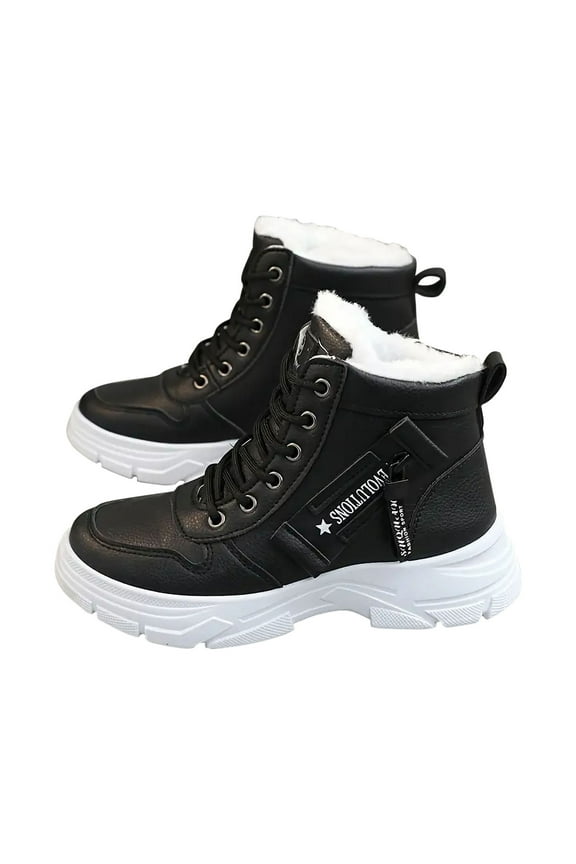 Womens Casual Shoes High Top Lace Up Plush Fleece Line Fashion Waterproof Non Slip Winter Ankle Boots Versatile Warm Snow Velvet Boots Cotton Shoes Black