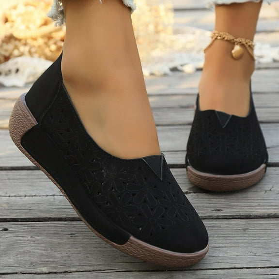 Xfvqtps Womens Casual Shoes Large Size Flower Hollow out Suede Surface Thick Bottom Round Toe Slip on Soft Sole Work Comfortable Mom Single Shoes Black