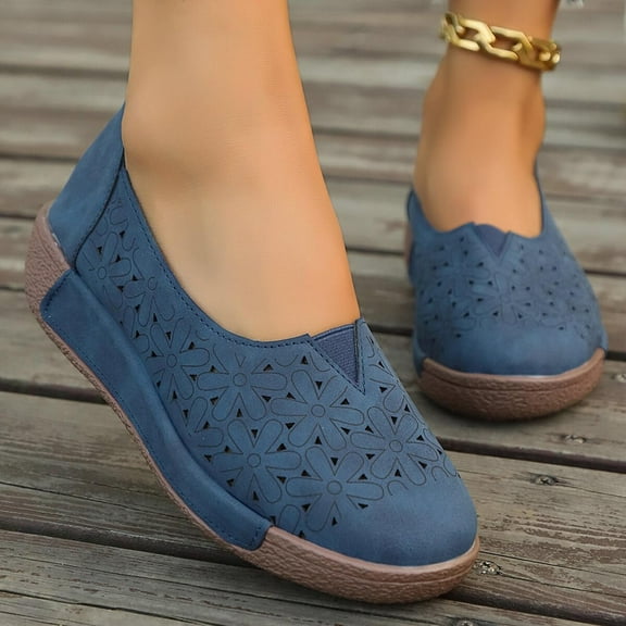 Xfvqtps Womens Casual Shoes Large Size Flower Hollow out Suede Surface Thick Bottom Round Toe Slip on Soft Sole Work Comfortable Mom Single Shoes Blue