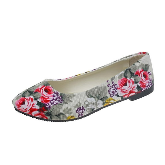 Xfvqtps Womens Casual Shoes Rose Flower Multicolor Flat Bottom Soft Sole Pointy Toe Slip on Comfortable Breathable Canvas Single Shoes Spring and Summer New Slip on Flat Shoes Beige