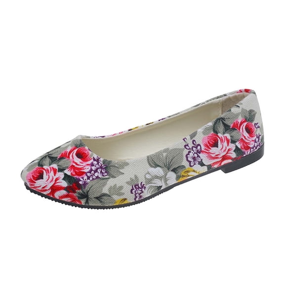Xfvqtps Womens Casual Shoes Rose Flower Multicolor Flat Bottom Soft Sole Pointy Toe Slip on Comfortable Breathable Canvas Single Shoes Spring and Summer New Slip on Flat Shoes Beige