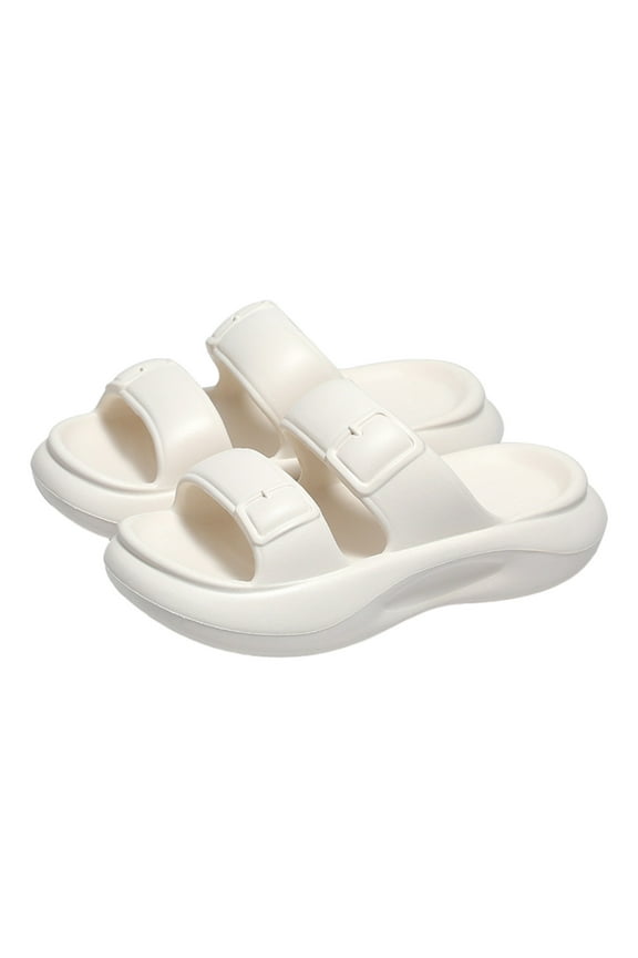 Womens Casual Slippers Large Size Solid Color Simplicity Double Strap Open Toe Platform Thick Bottom Quick Drying Lightweight Non-Slip Bathroom Shower EVA Slippers White-01
