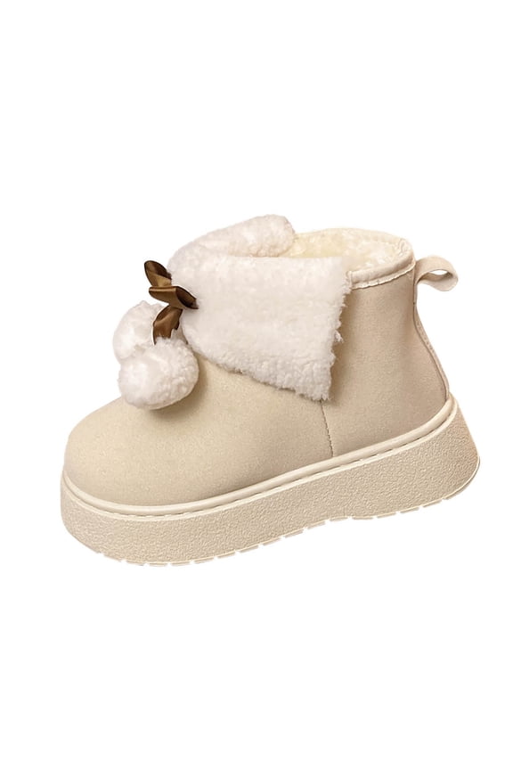 Womens Casual Winter Boots Thick Sole Round Toe Patterned Laces Faux Fur Lining Warm Ankle Booties Outdoor Shoes Beige