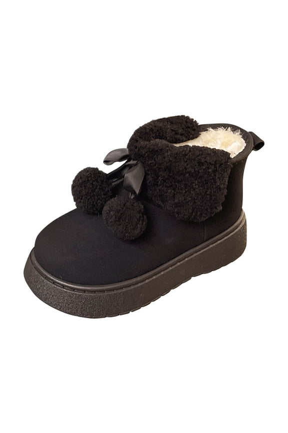Womens Casual Winter Boots Thick Sole Round Toe Patterned Laces Faux Fur Lining Warm Ankle Booties Outdoor Shoes Black