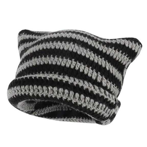 Xfvqtps Womens Cat Beanie Slouchy Knit Crochet Color Blocked Stripes Cuffed Stretch Fashion Versatile Warm Soft Fall Winter Skull Cap Gray