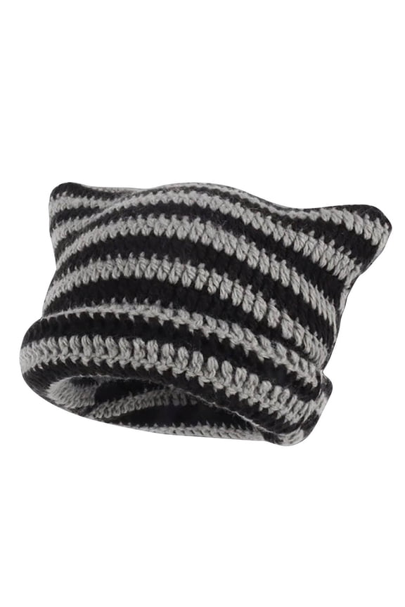 Womens Cat Beanie Slouchy Knit Crochet Color Blocked Stripes Cuffed Stretch Fashion Versatile Warm Soft Fall Winter Skull Cap Gray