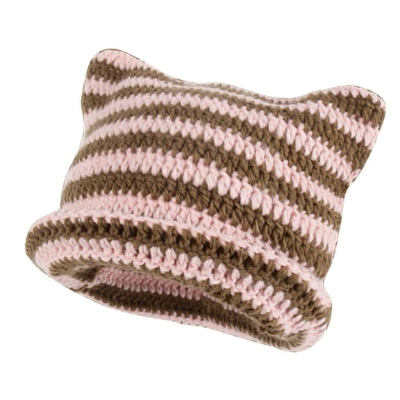 Xfvqtps Womens Cat Beanie Slouchy Knit Crochet Color Blocked Stripes Cuffed Stretch Fashion Versatile Warm Soft Fall Winter Skull Cap Pink