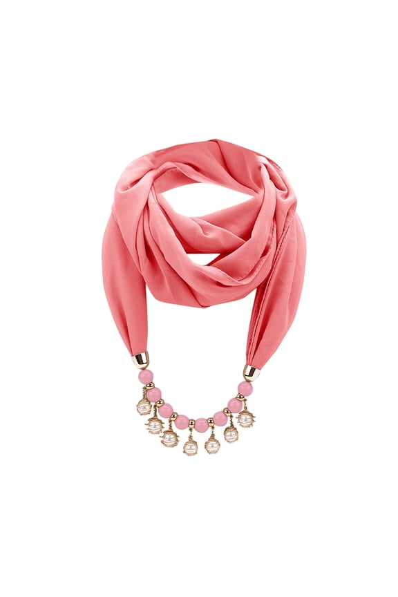 Womens Chiffon Scarf Necklace Pearl Bead Jewelry Alloy Resin Gem Pendant Multicolored Retro Ethnic Bohemian Style Vintage Pearl Chiffon Soft Infinity Scarves Pink