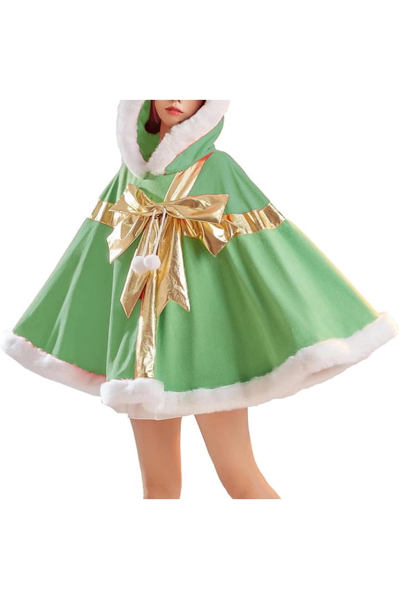 Womens Christmas Hooded Cloak Bow Pompom Plush Edge Pullover Gift Design Thickened Warm Winter Jacket Poncho Green
