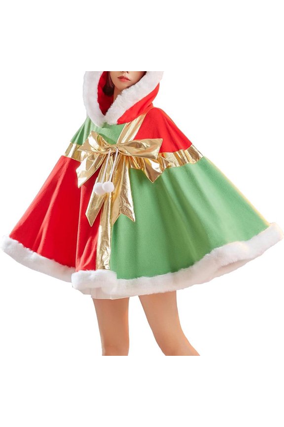 Womens Christmas Hooded Cloak Bow Pompom Plush Edge Pullover Gift Design Thickened Warm Winter Jacket Poncho Wine