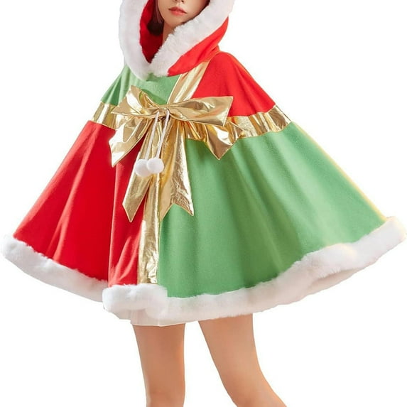 Xfvqtps Womens Christmas Hooded Cloak Bow Pompom Plush Edge Pullover Gift Design Thickened Warm Winter Jacket Poncho Wine