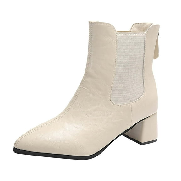 Xfvqtps Womens Chunky Heel Ankle Boots Pointed Toe Back Zip Closure Booties Low Block Heel Fashion Casual Leather Shoes for Women Fall Winter Beige